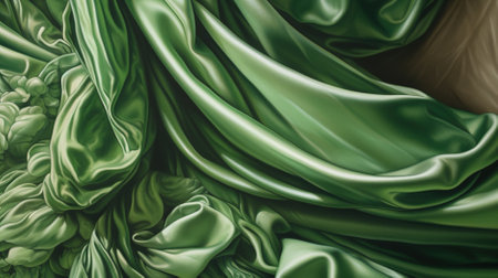Closeup of rippled green silk fabric, abstract background.の素材