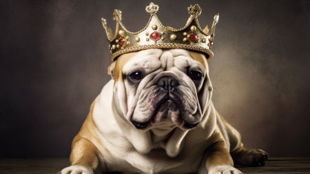 english bulldog wearing a golden crown on a dark background with copyspaceの素材