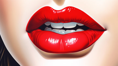 Beautiful female lips with glossy red lipstick. Close-up.の素材