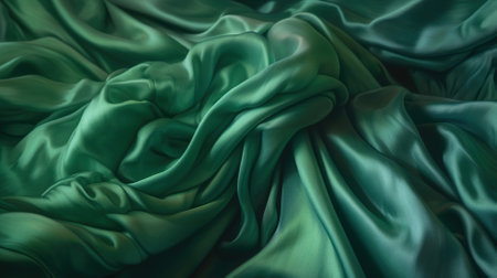 Closeup of rippled green satin fabric, abstract backgroundの素材