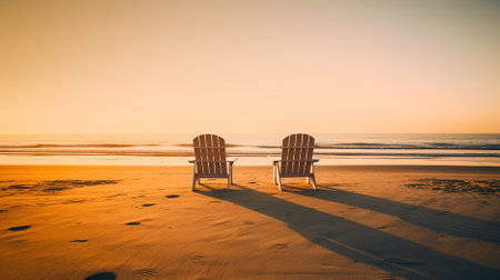 Two chairs on the beach at sunrise time - Vintage Filter and Boost up color Processingの素材