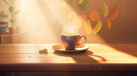Coffee cup on wooden table in morning light, stock photoの素材