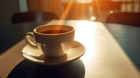 Coffee cup on the table in the morning with sunlight.の素材