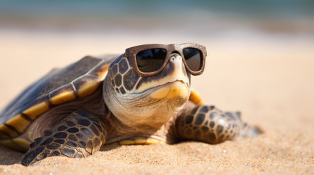 Close-up of a sea turtle with sunglasses on the sandy beachの素材