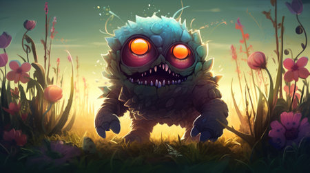 Fantasy monster in the meadow at sunset. 3d illustrationの素材