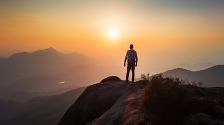 Silhouette of a man with a backpack standing on the edge of a cliff and looking at the sunriseの素材