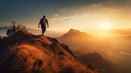 Silhouette of a man with a backpack standing on the top of the mountain and watching the sunriseの素材