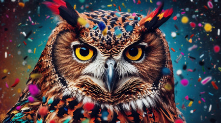 Eagle Owl, close-up portrait with colorful feathers and confettiの素材