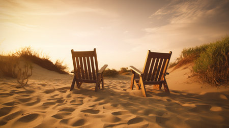 Two chairs on sand dunes at sunset. Vacation concept.の素材