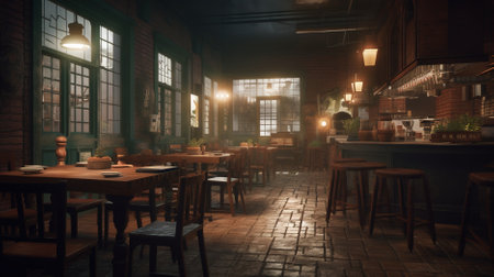Interior of a pub with wooden tables and chairs, 3d renderの素材