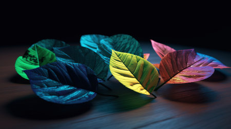 Colorful leaves in a row on a wooden table with dark backgroundの素材