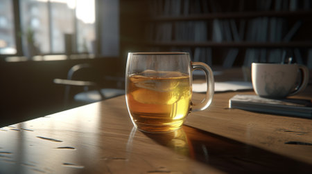 A glass of green tea on a wooden table in a cafe.の素材