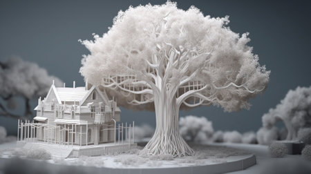 3d rendering of a model of a house in the form of a treeの素材