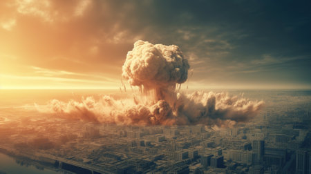 Big explosion with smoke on the background of the city. 3d renderの素材