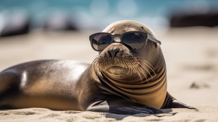 Sea lion with sunglasses on the beach in San Diego, California.の素材