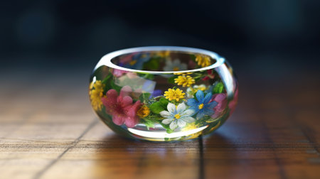 Colorful glass bowl with flowers on a wooden table. 3d renderingの素材