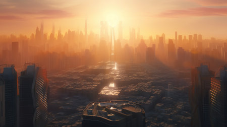 Futuristic city at sunset, 3d render illustration. Computer digital drawing.の素材
