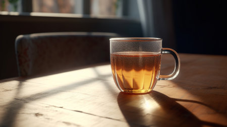 Cup of tea on a wooden table in the morning sunlight.の素材