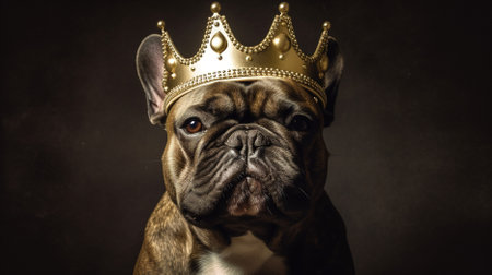 Portrait of a French bulldog wearing a golden crown on black backgroundの素材