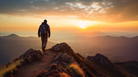 Hiker on the top of the mountain at sunset. Travel conceptの素材