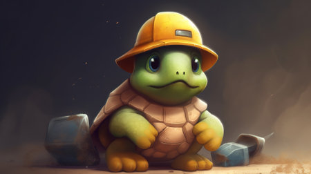turtle in a hard hat and a shovel, 3d renderの素材
