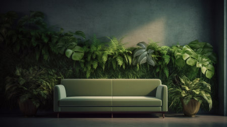 3d rendering of a modern living room with a sofa and plantsの素材