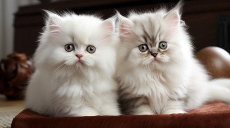 Two persian kittens sitting on a sofa and looking at the cameraの素材