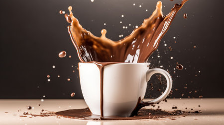 splash of hot chocolate in a white cup on a black backgroundの素材