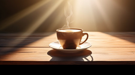 Cup of coffee on a wooden table with sunbeams.の素材