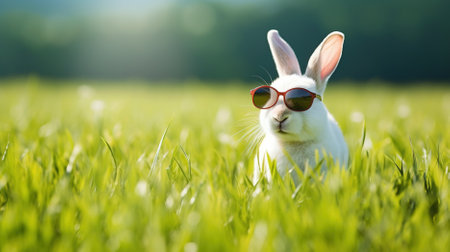 Cute white rabbit wearing red sunglasses on green grass background. Easter holiday concept.の素材
