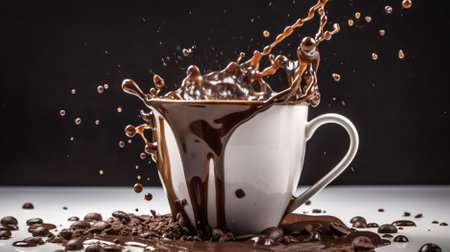 Cup of hot chocolate with splashes on black background, close upの素材
