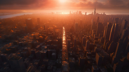 3d render of a futuristic city with skyscrapers at sunsetの素材