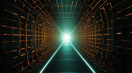 Futuristic corridor with glowing lights and reflections 3d rendering backgroundの素材