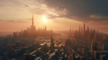 Futuristic city with skyscrapers at sunset 3d renderの素材