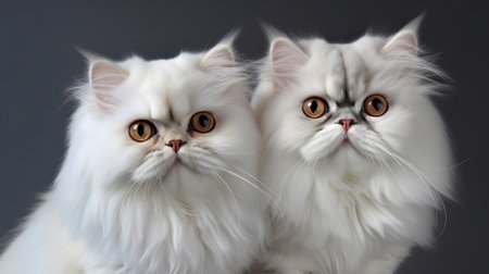two white persian cats on grey background, studio shot, front viewの素材