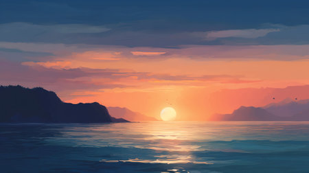Beautiful sunset over the sea. 3d render, illustration.の素材