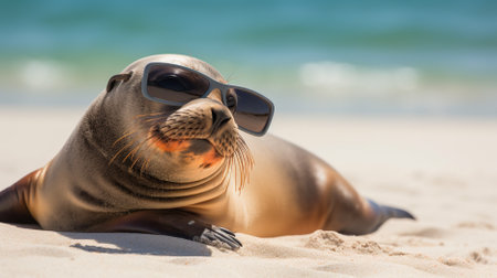 Sea lion in sunglasses lying on the sand on the seashoreの素材
