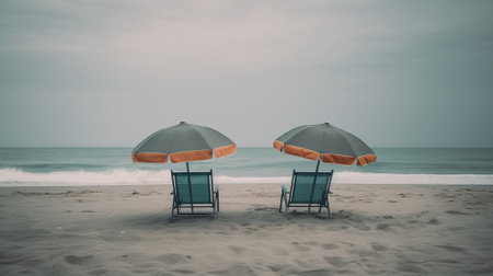 Beach chairs and umbrella on the beach. Vintage filter effect.の素材