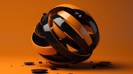 3d render of orange and black abstract sphere on orange background.の素材