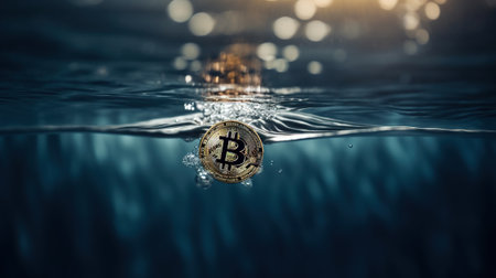 Bitcoin falling into the water. Cryptocurrency and finance concept.の素材