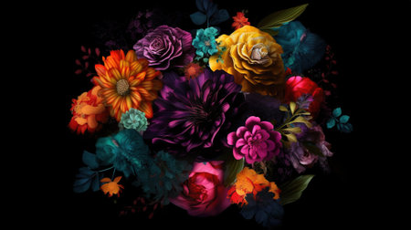 Colorful flowers on black background. 3d rendering, 3d illustration.の素材
