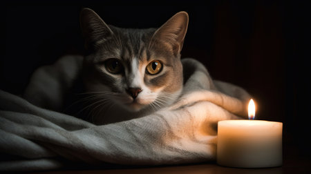 Cat under a soft blanket with a burning candle on a dark backgroundの素材