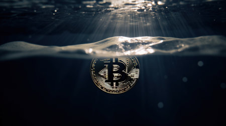 Bitcoin on the surface of the water. Cryptocurrency concept.の素材