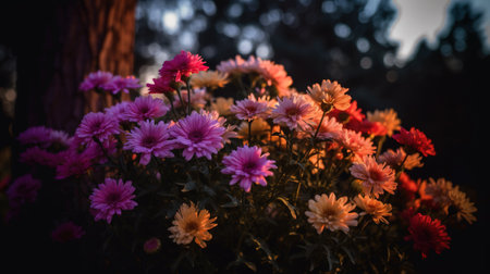 Colorful chrysanthemum flowers in the garden at nightの素材
