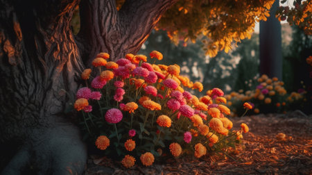 Beautiful autumn flowers in the park at sunset. Colorful autumn backgroundの素材