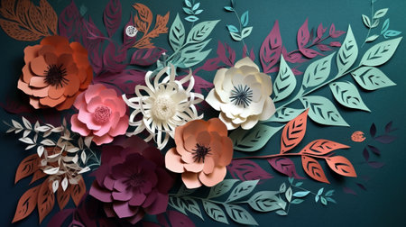 Colorful paper flowers on a blue background, 3d illustration.の素材