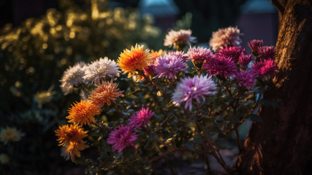 Autumn chrysanthemums in the garden at sunset.の素材