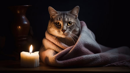 Cute cat wrapped in a warm plaid and a burning candle on a black background.の素材
