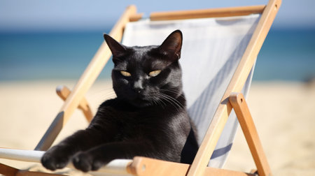 Black cat lying on a deckchair on the seashore.の素材