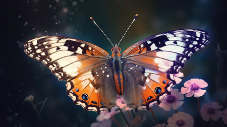 Beautiful butterfly on a flower background. Photo in vintage style.の素材